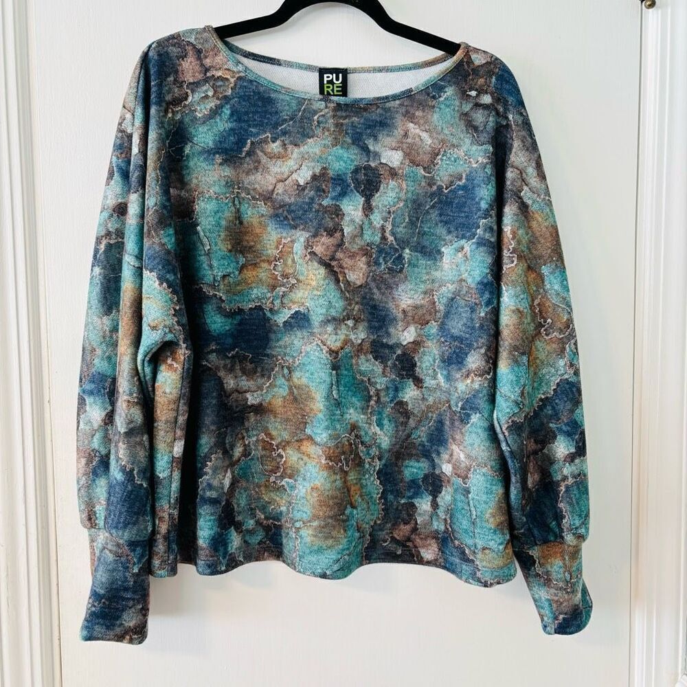 PURE XL artsy aqua & brown abstract print lantern sleeve boat neck top